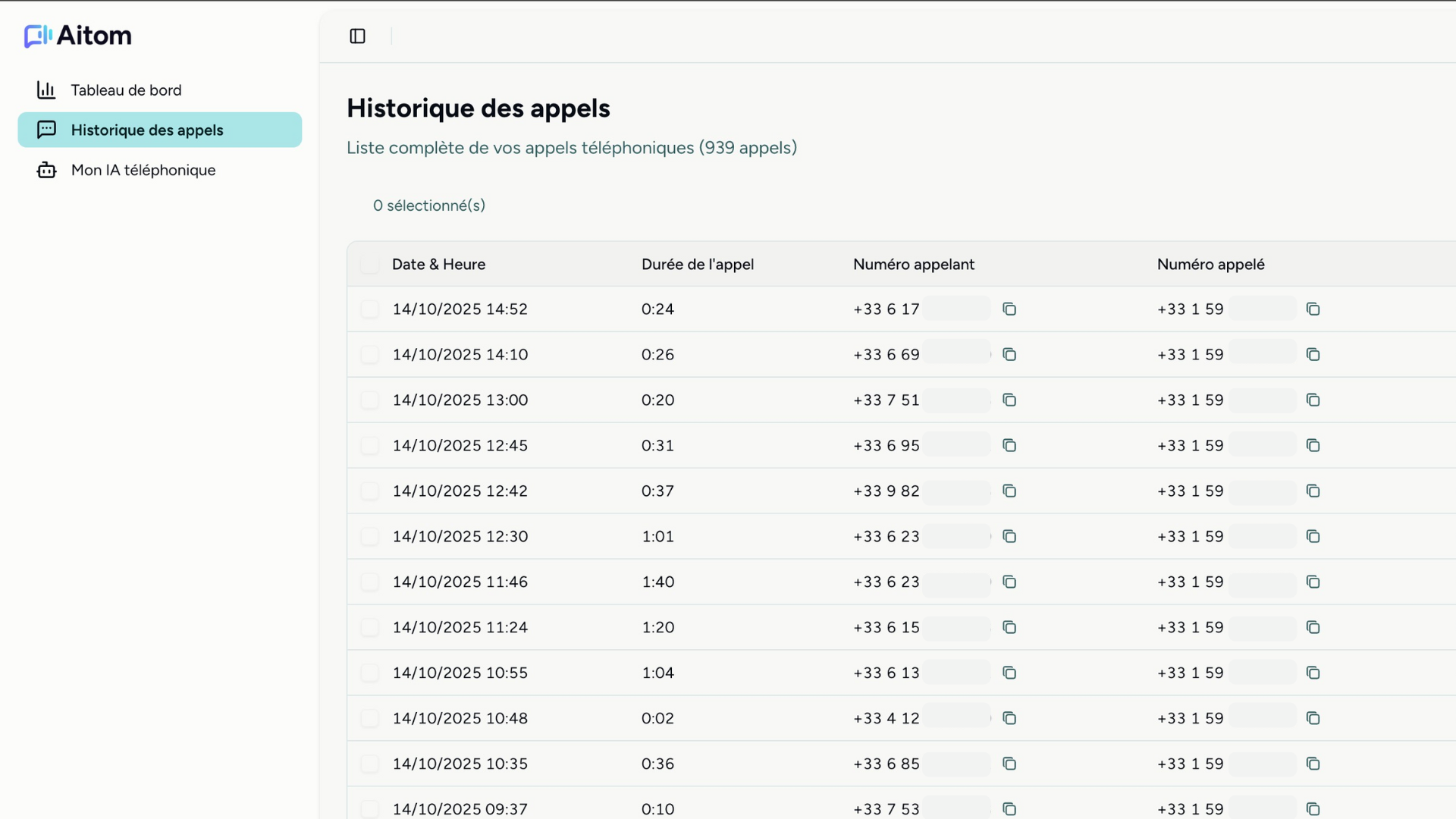 Historique des appels dans l'application Aitom : liste complète des appels avec date, durée et numéros.