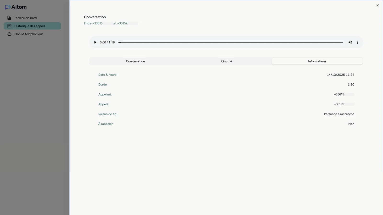 Détail d'une conversation dans Aitom : lecteur audio, transcription, résumé et informations de l'appel.