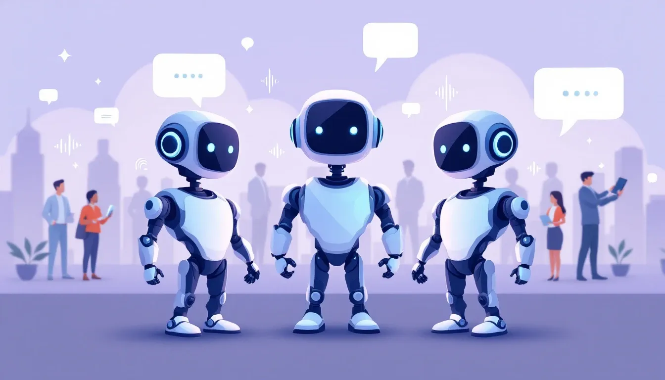 Illustration comparant plusieurs assistants vocaux IA, robots et ondes sonores.