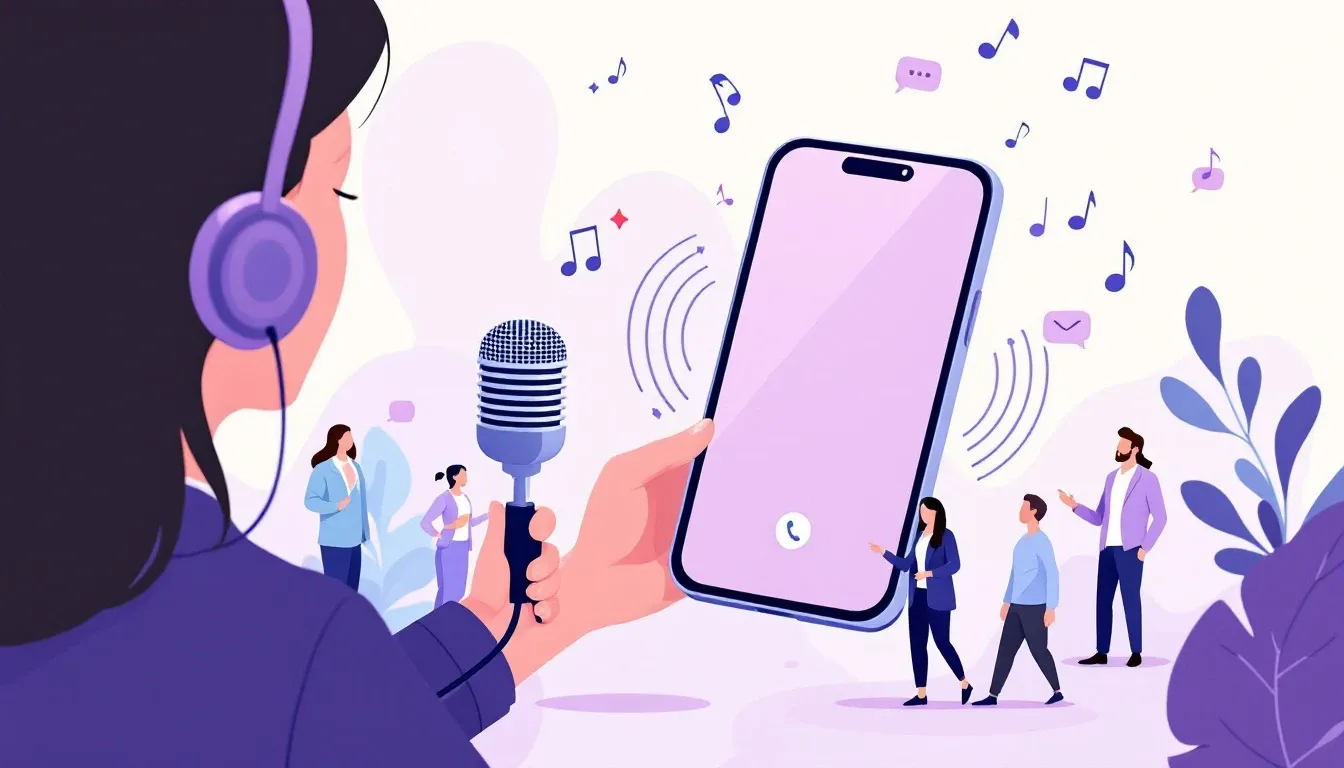 Illustration d'un professionnel enregistrant un message d'accueil téléphonique dans un microphone.