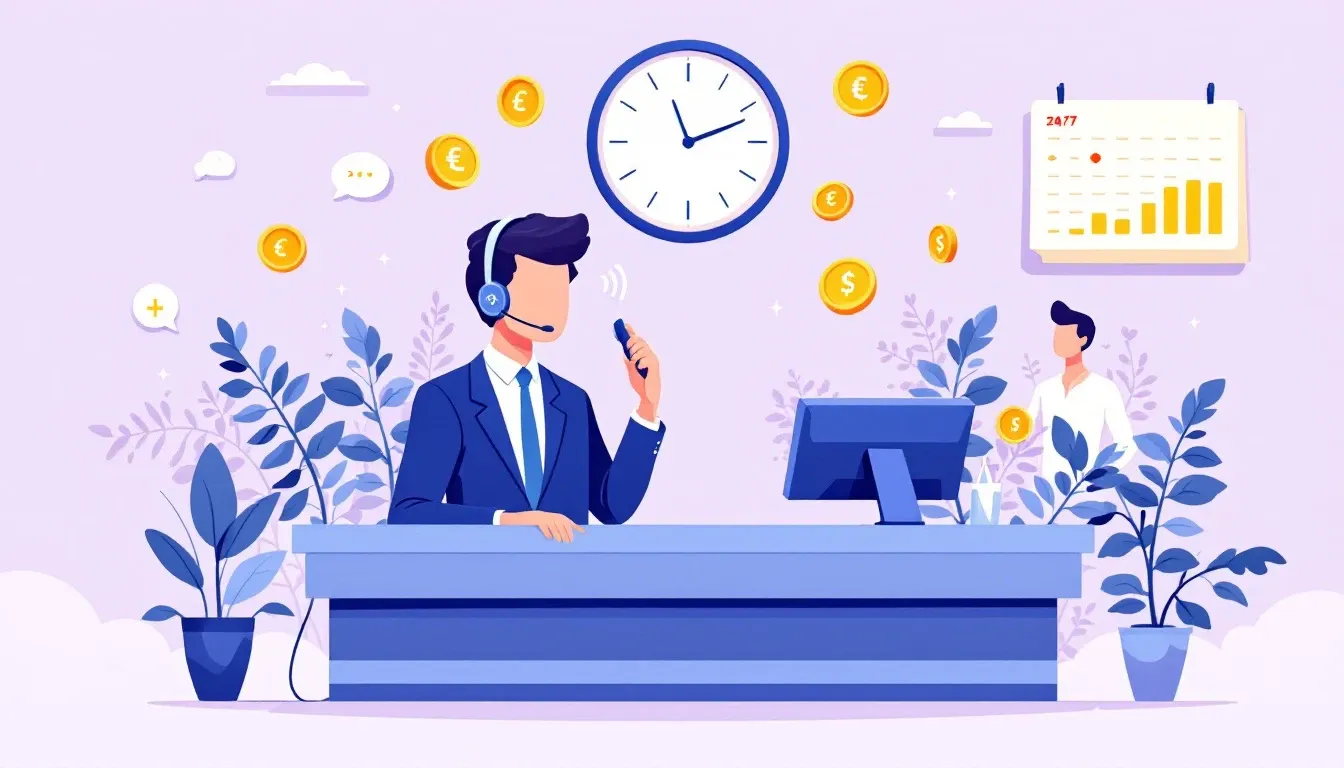 Illustration d'un accueil téléphonique disponible 24h/24 avec horloge et étiquettes de prix.