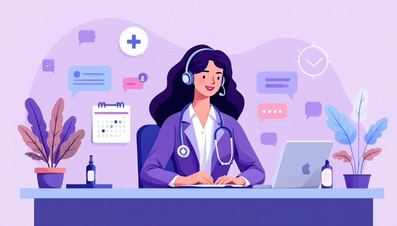 Illustration d'un télésecrétariat médical gérant les appels et rendez-vous des patients.
